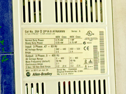 ALLEN-BRADLEY - 20AD2P1A0AYNANNN SER. A FW. 2.009 - POWERFLEX 70 & 20-HIM-A3 /A