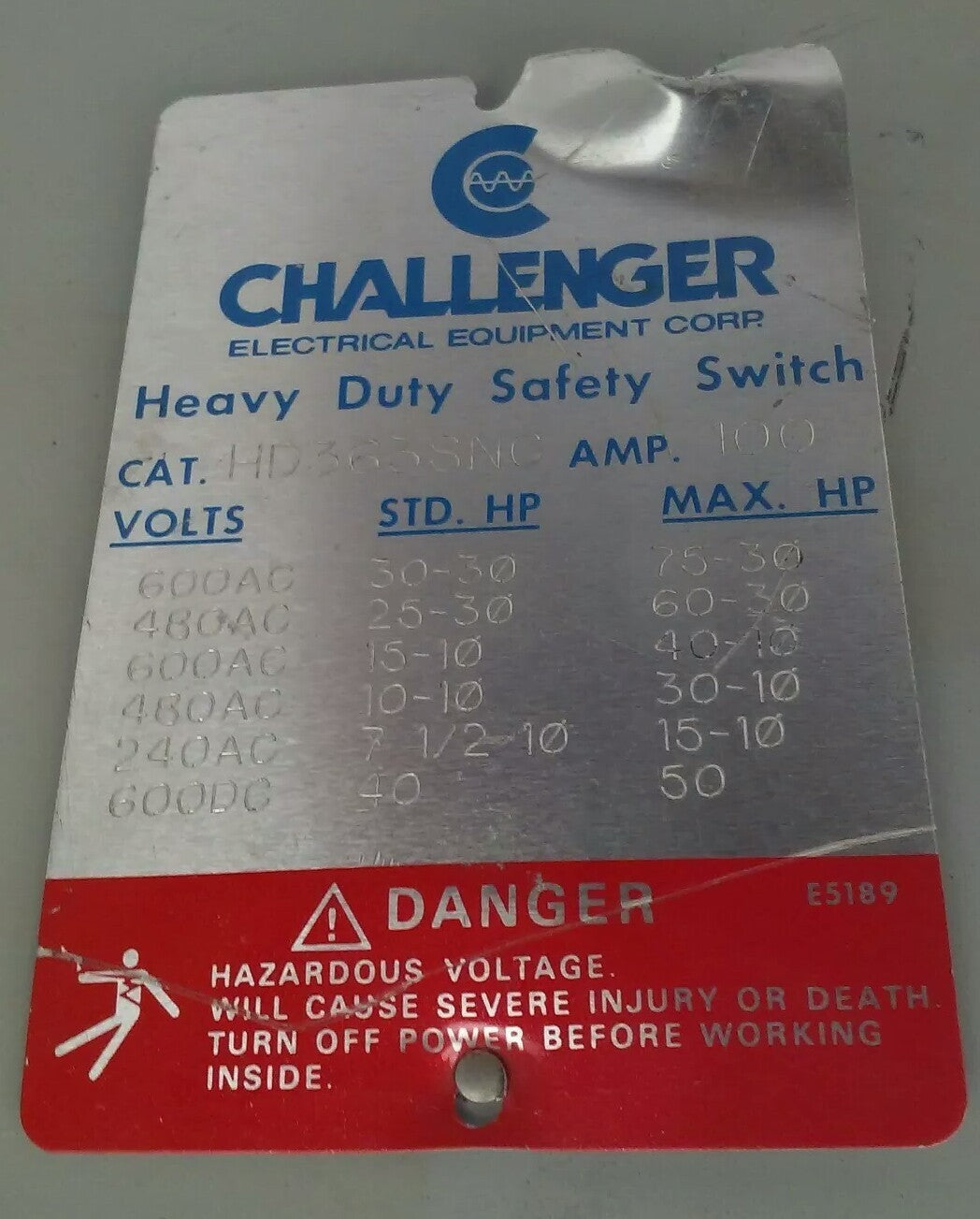 CHALLENGER HD363SNC FUSIBLE SAFETY SWITCH, 100A, 600V, 3PH, 75HP, TYPE 1 INDOOR