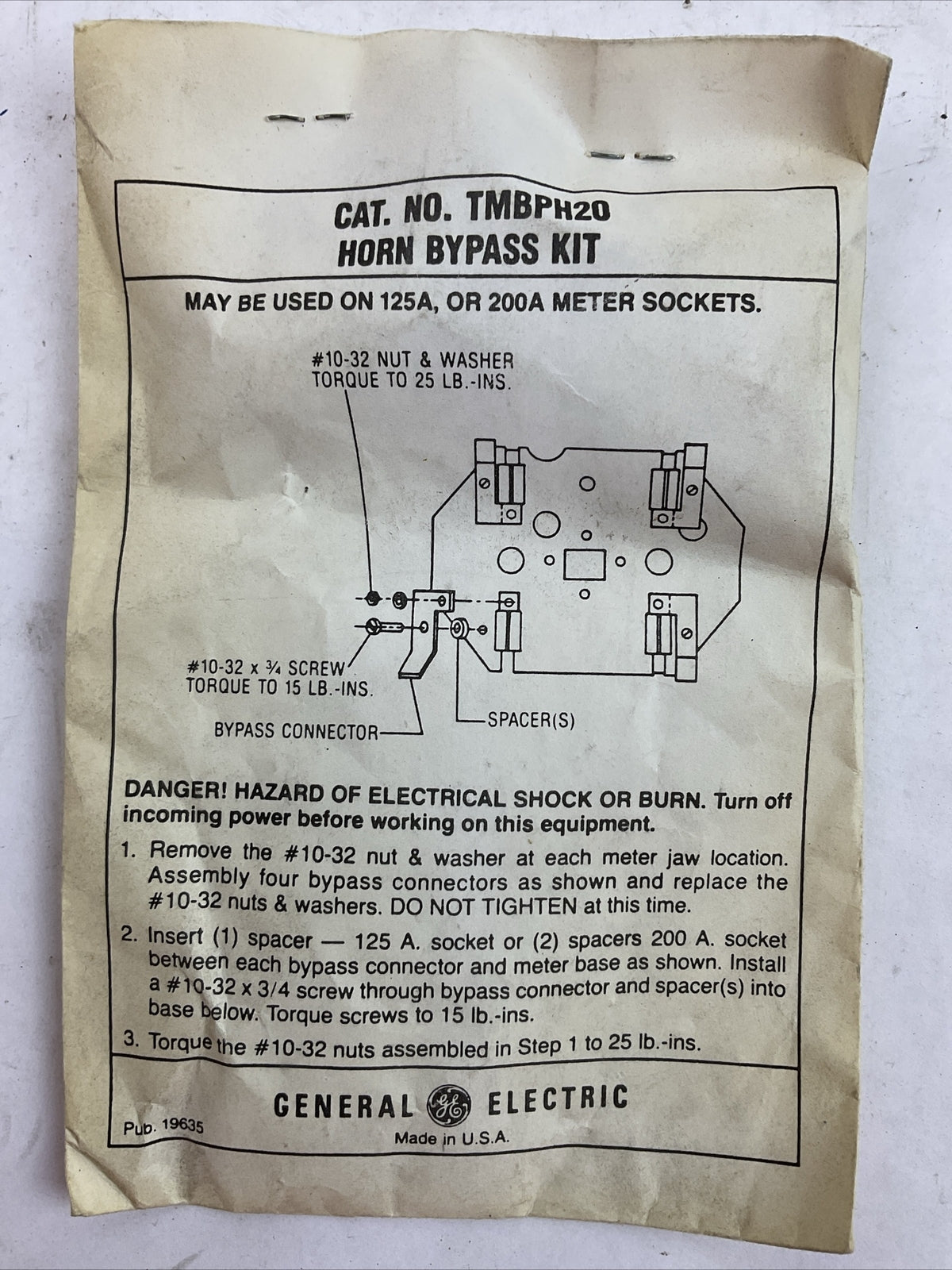 GE TMBPH20 HORN BYPASS KIT MAY BE USED ON 125A OR 200A METER SOCKETS