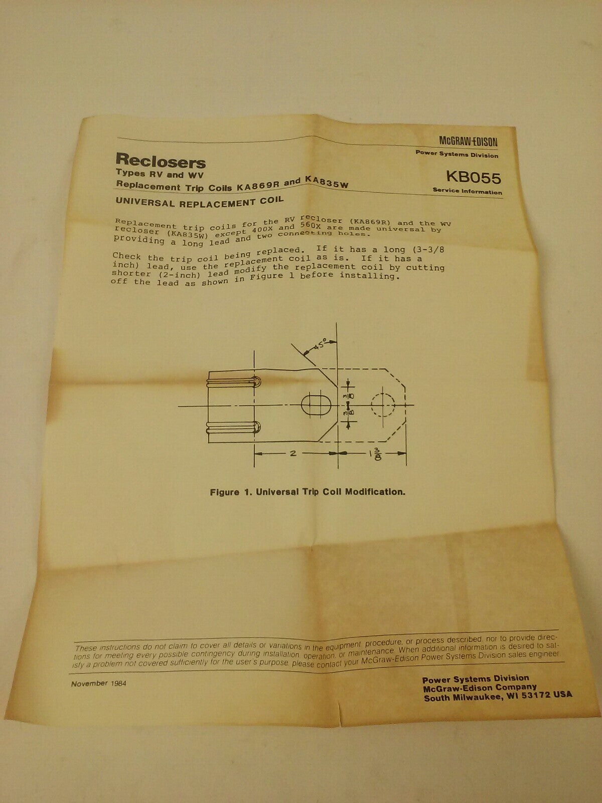 MCGRAW-EDISON COMPANY KA869R2-400 - 400AMP TRIP COIL ASSEMBLY WA-92B-2-400 AMP