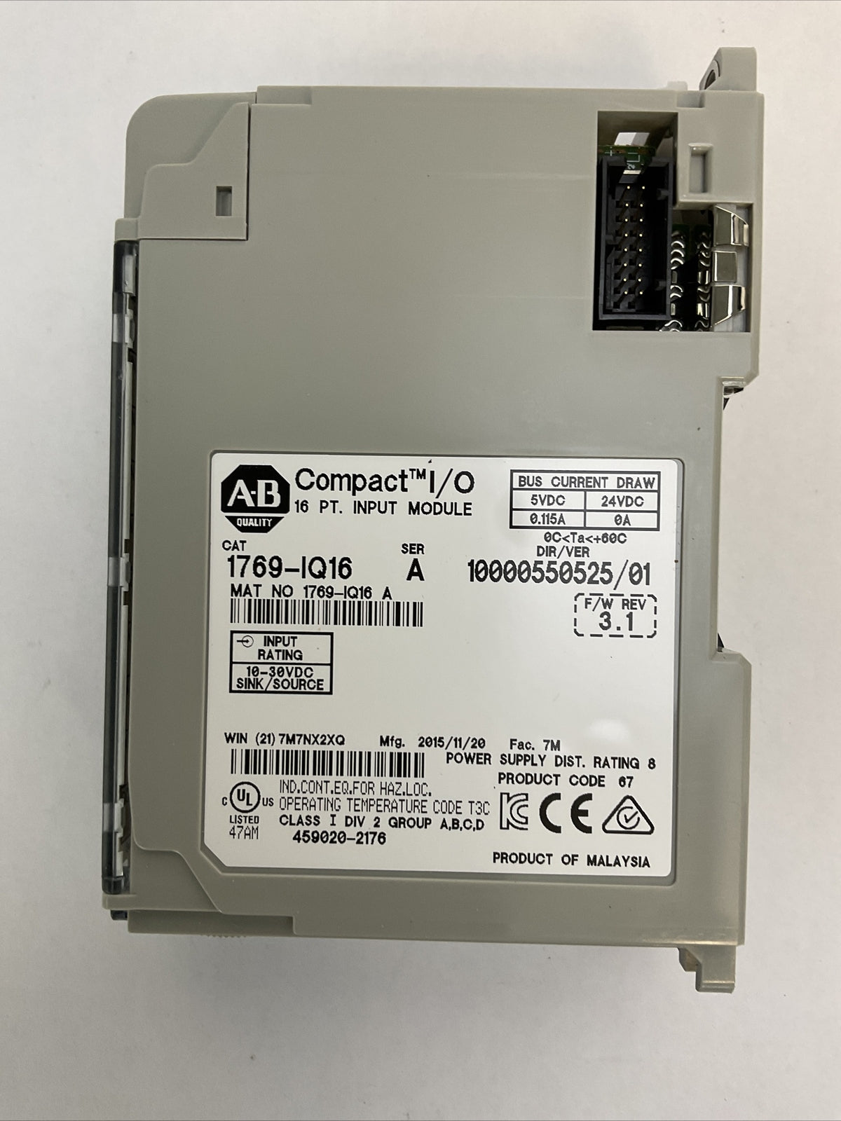 ALLEN BRADLEY 1769-IQ16 SER A DIR/VER 10000550525/01 F/W REV 3.1 COMPACT I/O