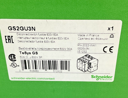 SCHNEIDER ELECTRIC GS2GU3N FUSIBLE DISCONNECT SWITCH 600V 60A