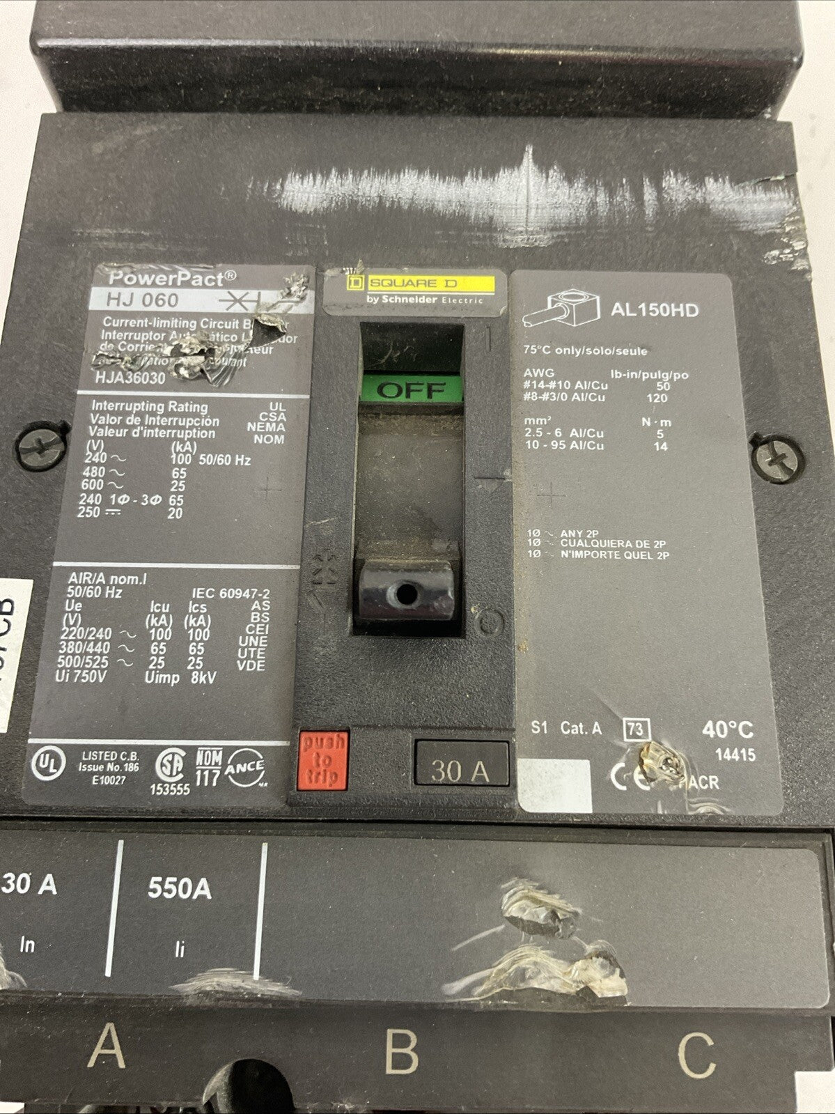 SQUARE D HJA36030 POWERPACT CURRENT LIMITING CIRCUIT BREAKER 30A 600VAC 250VDC