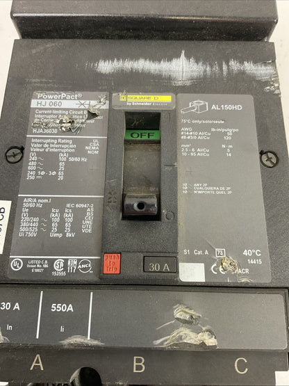 SQUARE D HJA36030 POWERPACT CURRENT LIMITING CIRCUIT BREAKER 30A 600VAC 250VDC
