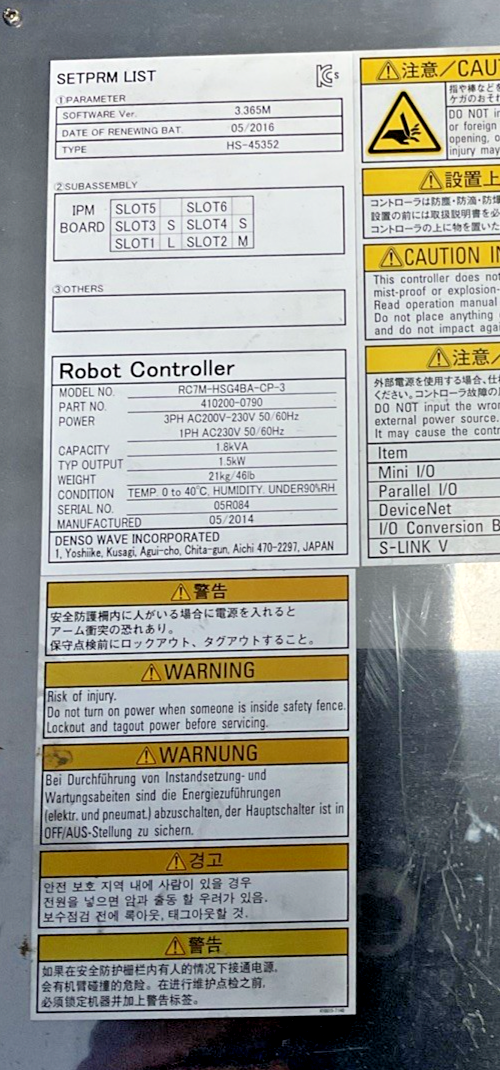 DENSO HS-45352M INDUSTRIAL ROBOT ARM W/ DENSO RC7M-HSG4BA-CP-3 ROBOT CONTROLLER
