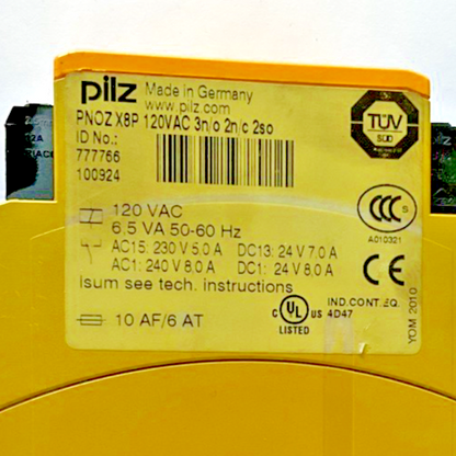PILZ PNOZ X8P 120VAC 3N/0 2N/C 2SO SAFETY RELAY 120VAC 50-60HZ  6.5VA