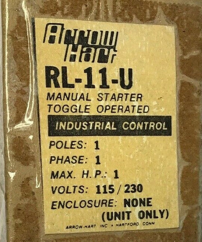 ARROW HART RL-11-U MAUAL STARTER TOGGLE OPERATED INDUSTRIAL CONTROL 115/230V