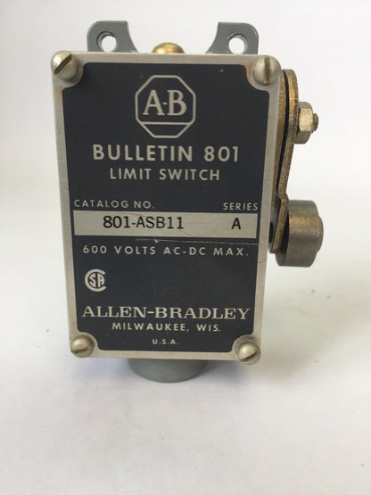 ALLEN BRADLEY 801-ASB11 LIMIT SWITCH ROLLER LEVER 600V AC/DC NC CONTACT