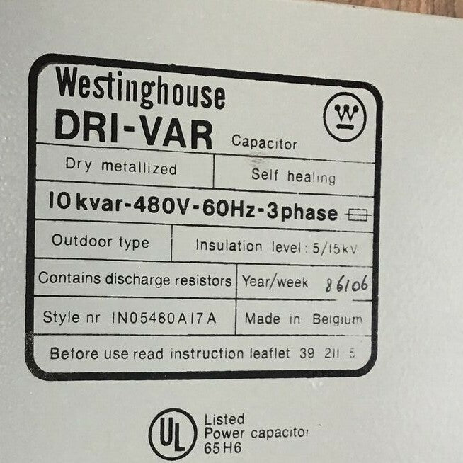 WESTINGHOUSE DRI-VAR CAPACITOR IN05480A17A 10KVAR 480V 60HZ 3 PHASE OUTDOOR