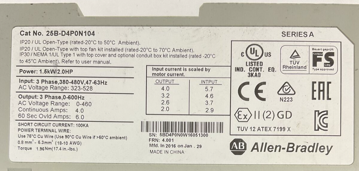 ALLEN BRADLEY 25B-D4P0N104 AC DRIVE FRN 4.001 SER A OUTPUT 0-460VAC