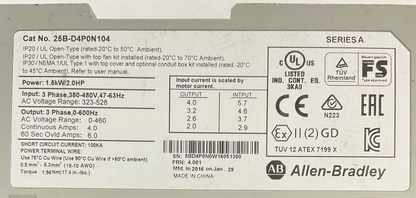 ALLEN BRADLEY 25B-D4P0N104 AC DRIVE FRN 4.001 SER A OUTPUT 0-460VAC