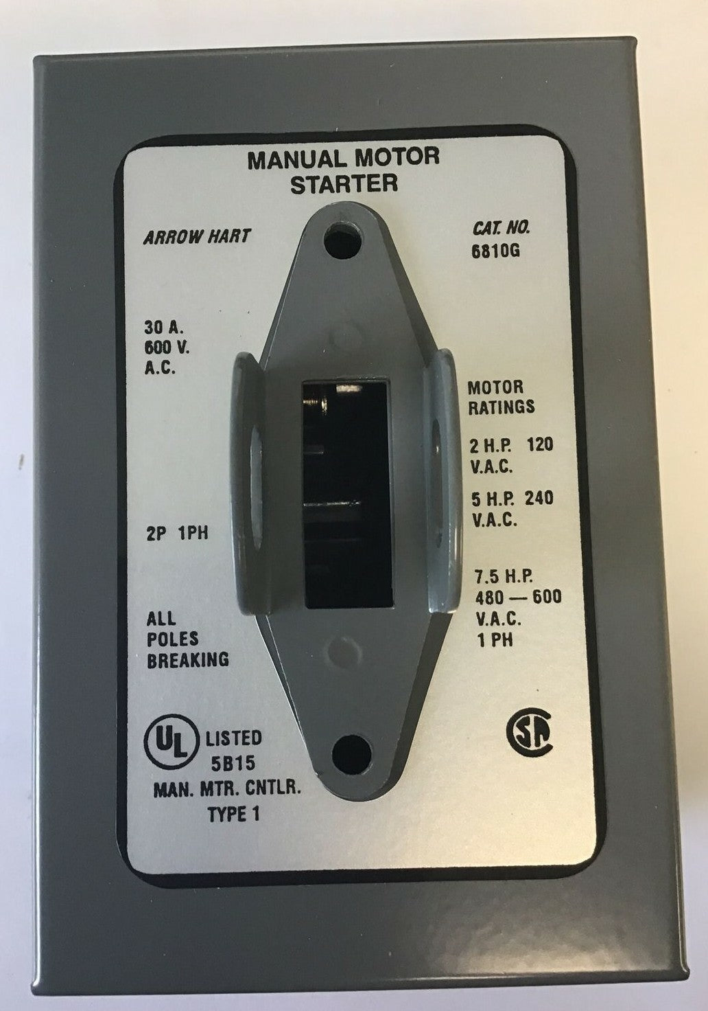 ARROW HART 6810G MANUAL MOTOR STARTER 30A 600VAC 2POLE 1PH 7.5HP