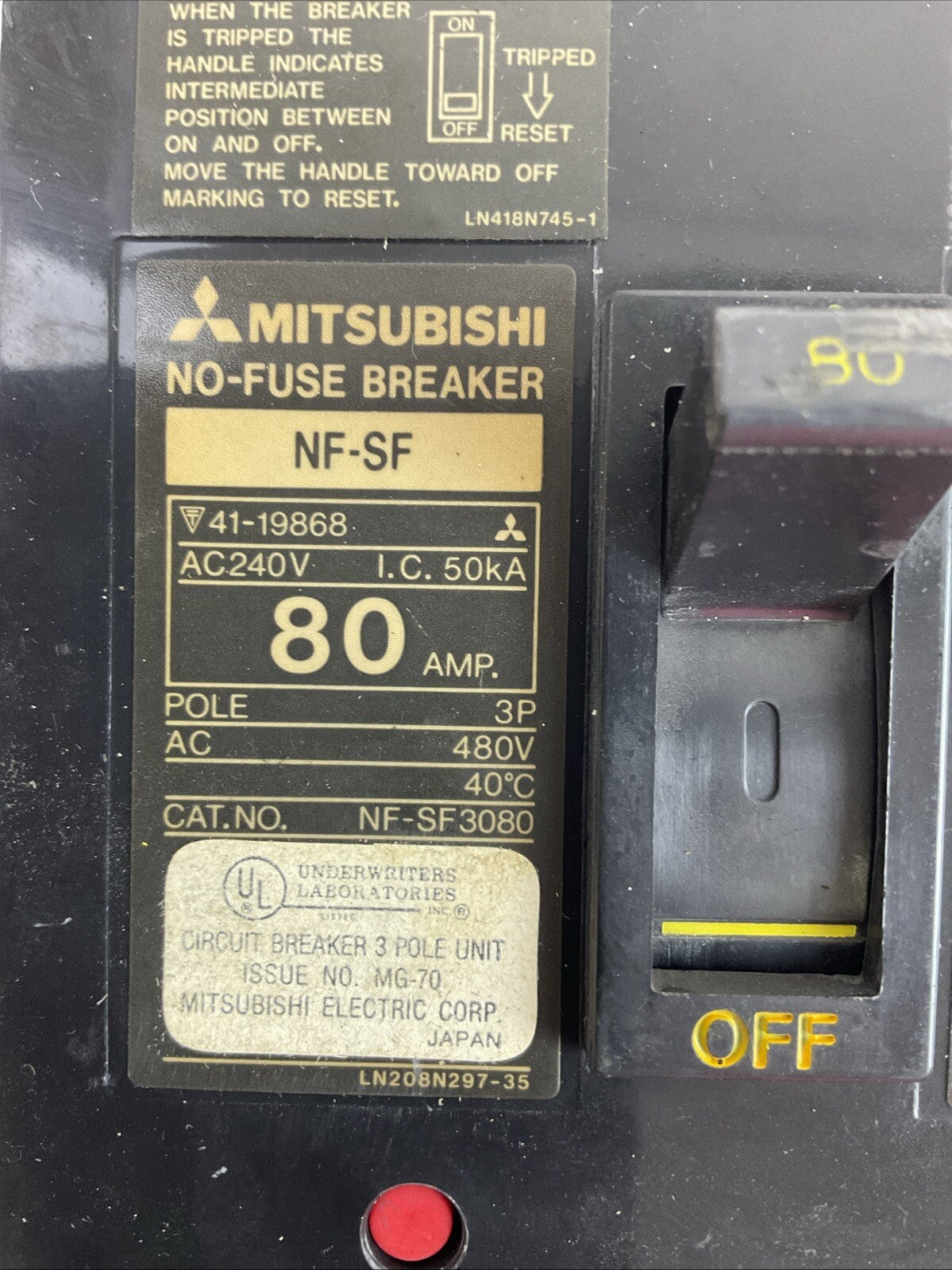 MITSUBISHI NF-NF3080 NO-FUSE BREAKER 480VAC 80AMP 3POLE
