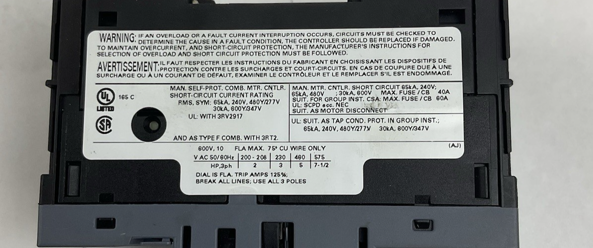 SIEMENS 3RV2011-1JA20 SIRIUS MOTOR PROTECTOR CIRCUIT BREAKER 7-10A 600V