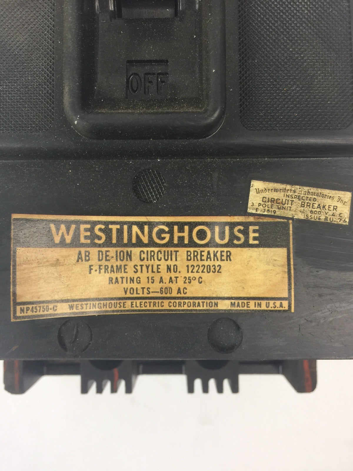 WESTINGHOUSE 1222032 AB DE-ION CIRCUIT BREAKER 15A 600VAC 3 POLE