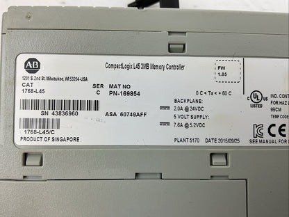 ALLEN BRADLEY 1768-L45 SER C F/W 1.05 COMPACTLOGIX L45 3MB MEMORY CONTROLLER