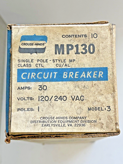 CROUSE-HINDS *BOX OF 10* - MP130 - 1 POLE, 30 A, 240 VAC CIRCUIT BREAKER