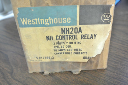 WESTINGHOUSE NH20A CONTROL RELAY - 600V, 10A - 120V COIL - NEW SURPLUS - NH20