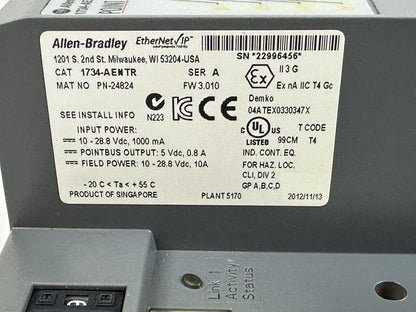 ALLEN-BRADLEY 1734-AENTR Ser. A FW 3.010 NETWORK ADAPTER MODULE POINT I/O 24 VDC