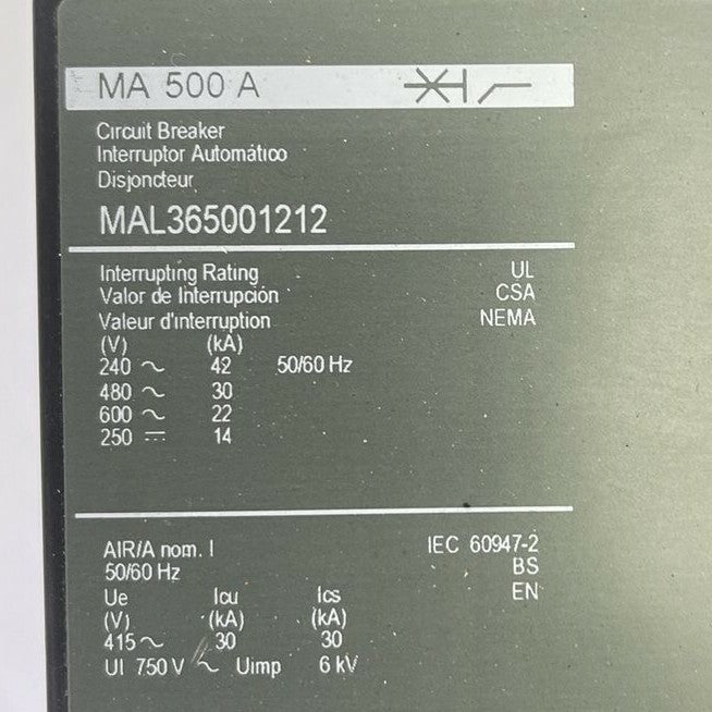 SQUARE D MAL365001212 CIRCUIT BREAKER 600VAC 250VDC 500A 3P MA11212 AUX SWITCH