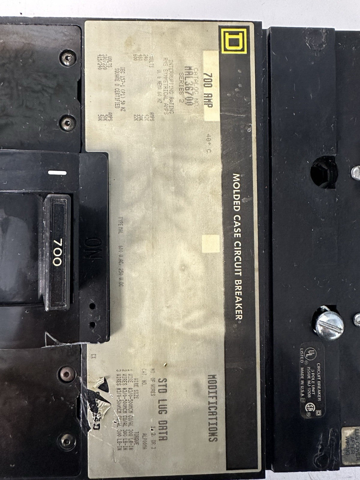 SQUARE D MAL36700 SERIES 2 700 AMP 3P 600 VAC MOLDED CASE CIRCUIT BREAKER