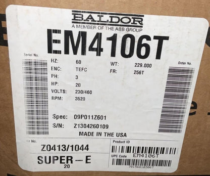 BALDOR EM4106T MOTOR 20HP 230/460V 46/23A 3520RPM 3PH