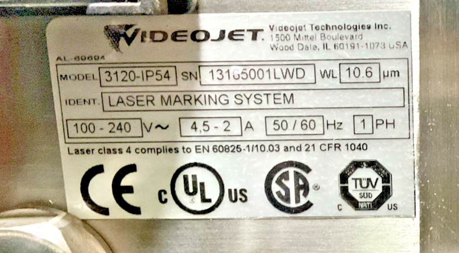 VIDEOJET 3120-IP54 LASER MARKING SYSTEM 240VAC 4.5-2A 50/60HZ 1PH 10.6UM
