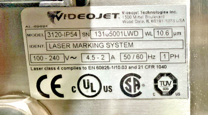 VIDEOJET 3120-IP54 LASER MARKING SYSTEM 240VAC 4.5-2A 50/60HZ 1PH 10.6UM