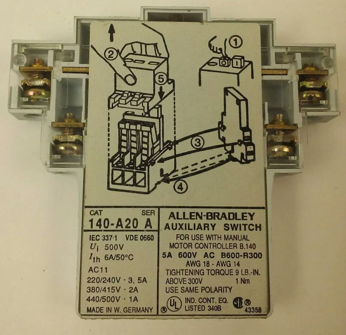 ALLEN BRADLEY, 140-A20 SER.A, AUXILIARY CONTACT, Ui:500V, 5A 600V