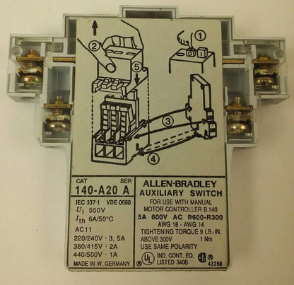 ALLEN BRADLEY, 140-A20 SER.A, AUXILIARY CONTACT, Ui:500V, 5A 600V