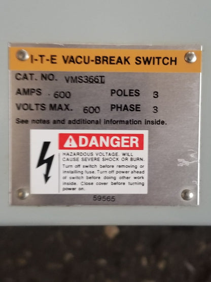 ITE SIEMENS VMS VMS366T 600 AMP 600V FUSIBLE PANEL PANELBOARD SWITCH