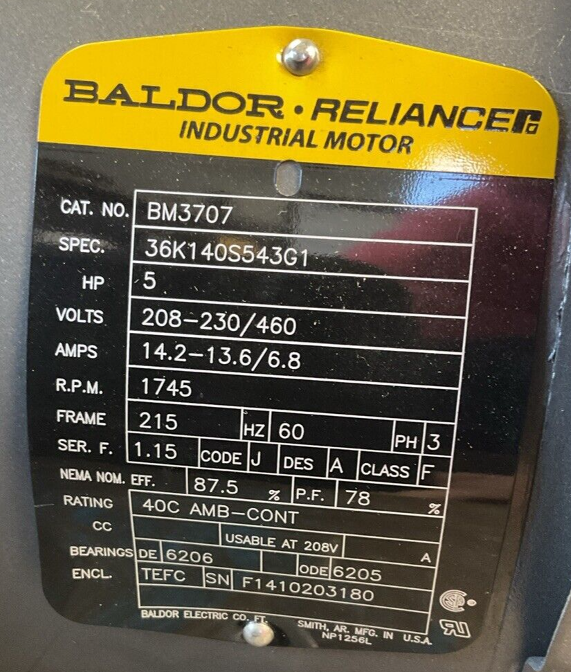 BALDOR BM3707 MOTOR 5HP 208-230/460V 14.2-13.6/6.8A 1745RPM 3PH 105606100DQF REV