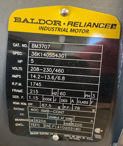 BALDOR BM3707 MOTOR 5HP 208-230/460V 14.2-13.6/6.8A 1745RPM 3PH 105606100DQF REV