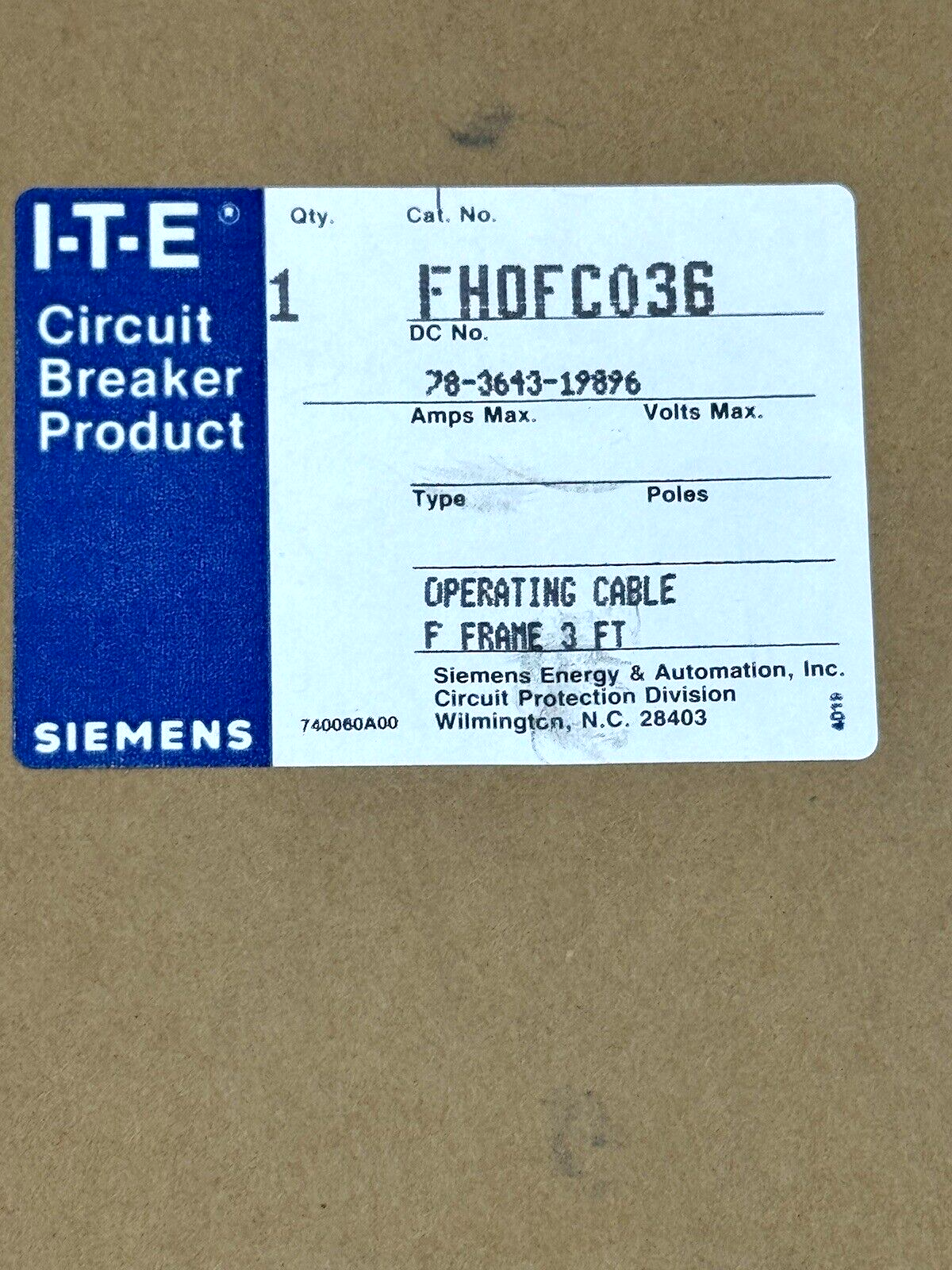 SIEMENS / ITE - FHOFC036 - 3 FT OPERATING CABLE F FRAME - NEW FACTORY SEALED
