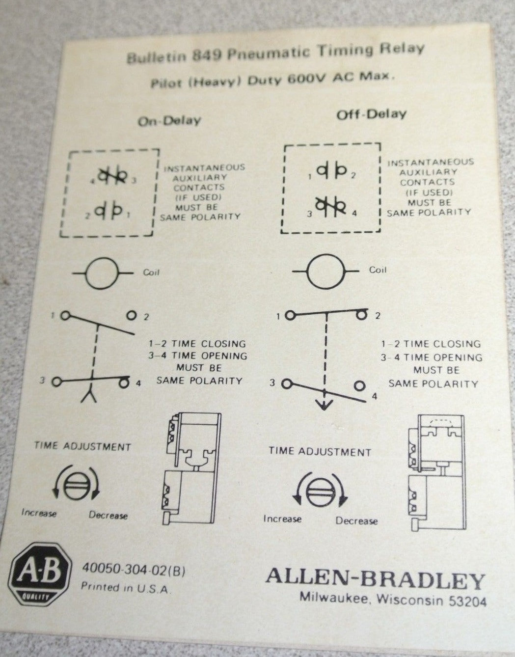 ALLEN-BRADLEY 849-ZOD323 PNEUMATIC TIMING RELAY / ON-DELAY / 120V - NEW SURPLUS
