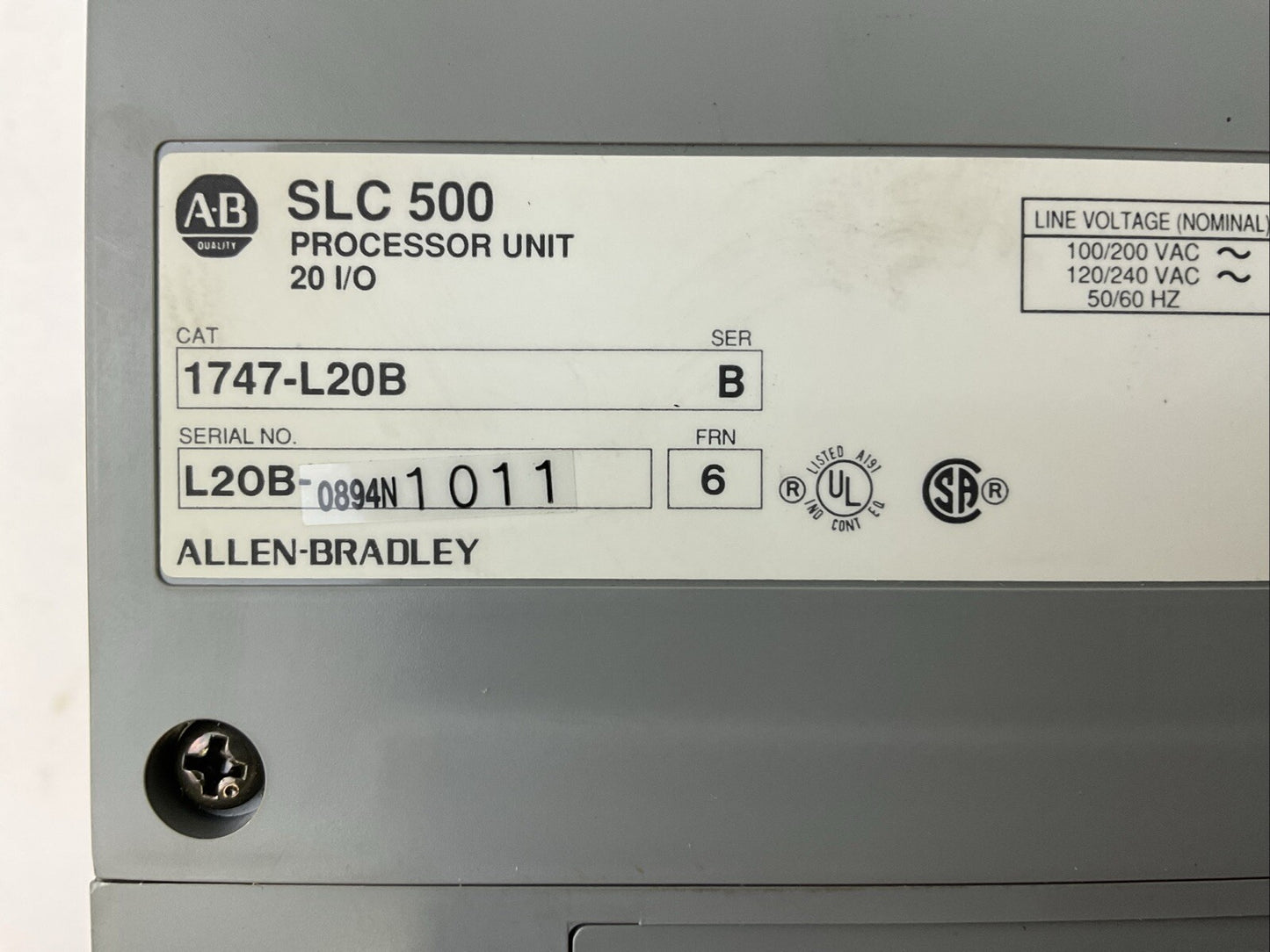 ALLEN BRADLEY 1747-L20B SER B FRN 6 SLC 500 PROCESSOR UNIT 20 I/O