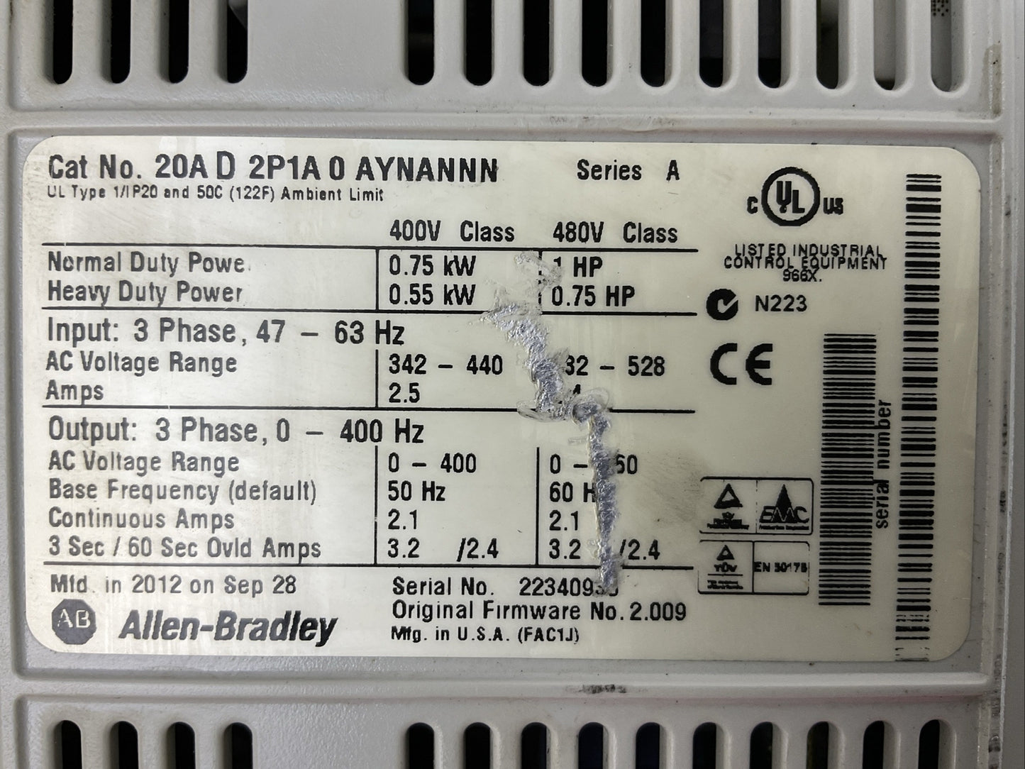 ALLEN BRADLEY 20AD2P1A0AYNANNN SER A FW 2.009 AC DRIVE