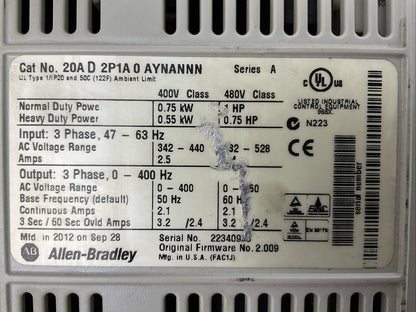 ALLEN BRADLEY 20AD2P1A0AYNANNN SER A FW 2.009 AC DRIVE