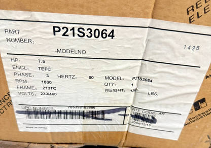 RELIANCE ELECTRIC P21S3064 MOTOR 1080RMP 7.5HP 3PH 60HZ 230/460V FRM:213TC