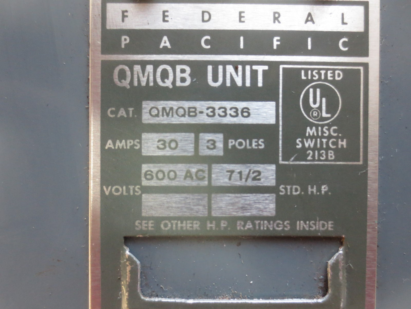 FEDERAL PACIFIC QMQB-3336 TWIN PANELBOARD SWITCH - 30A, 600VAC, 3POLE