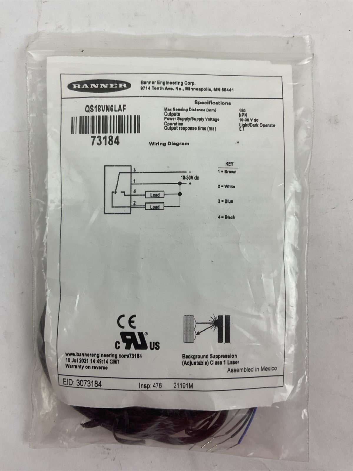 BANNER QS18VN6LAF PHOTOELECTRIC SENSOR 10-30VDC