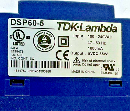 TDK-LAMBDA DSP60-5 POWER SUPPLY 240VAC 63HZ 1000MA 5VDC 35W