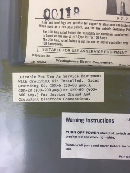 WESTINGHOUSE JHU221 HEAVY DUTY SAFETY SWITCH 240 VAC 250 VDC 30 AMP