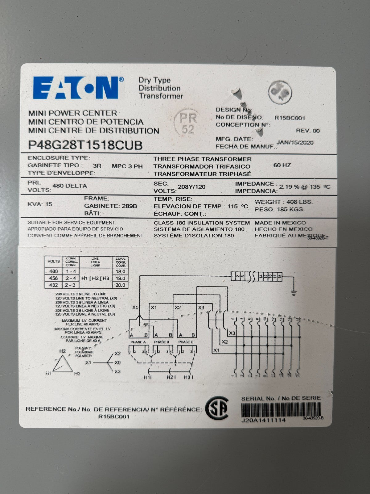 MINI POWER CENTER P48G28T1518CUB PRI VOLTS 480 DELTA SEC VOLTS 208Y/120 15KVA
