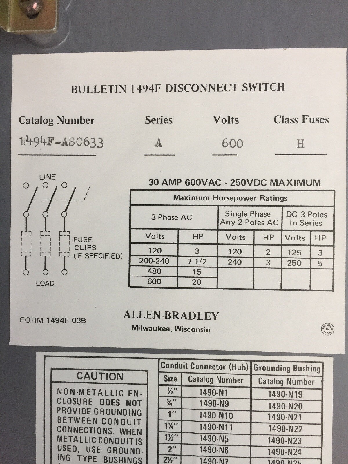 ALLEN BRADLEY 1494F-ASC633 DISCONNECT SWITCH 30 AMP 20HP 600VAC 250VDC FUSIBLE