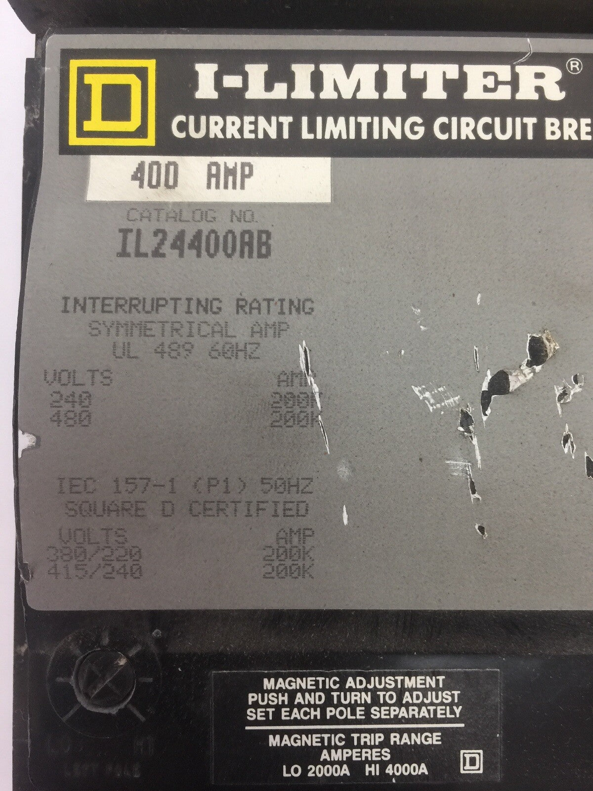 SQUARE D IL24400AB I-LIMITER CURRENT LIMITING CIRCUIT BREAKER 400AMP 240/480V 2P