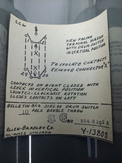 ALLEN BRADLEY 806-C102 SER. A, ROTARY PILOT SWITCH, 10A @ 600VAC,1A @ 115VDC,10P