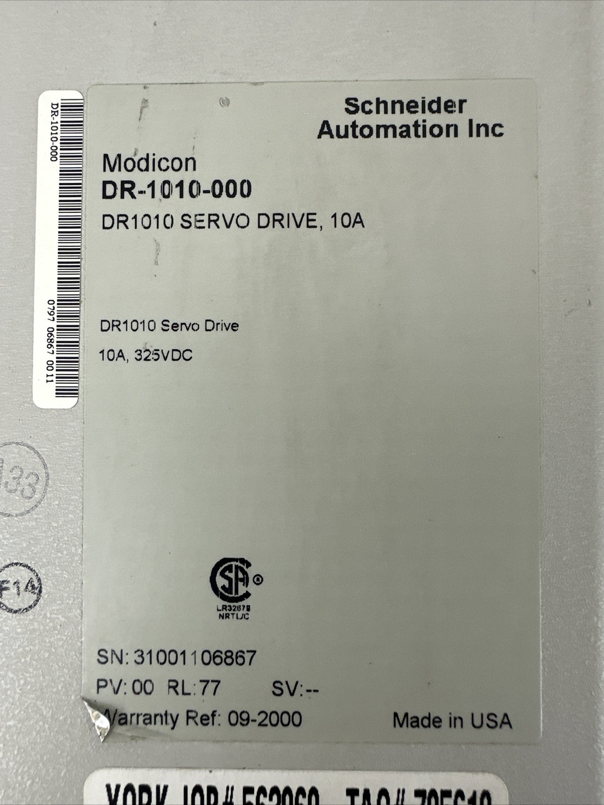 MODICON DR-1010-000 DR1010 SERVO DRIVE 10A 325VDC CYBERLINE 1000A SERVO DRIVE
