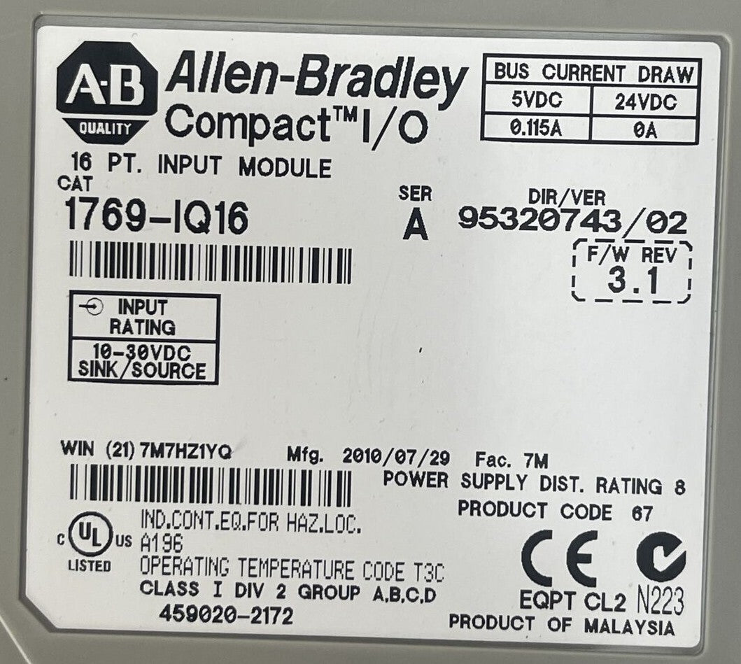 ALLEN BRADLEY 1769-IQ16 COMPACT I/O 16CH INPUT MODULE SER A F/W REV 3.1 DIR/VER