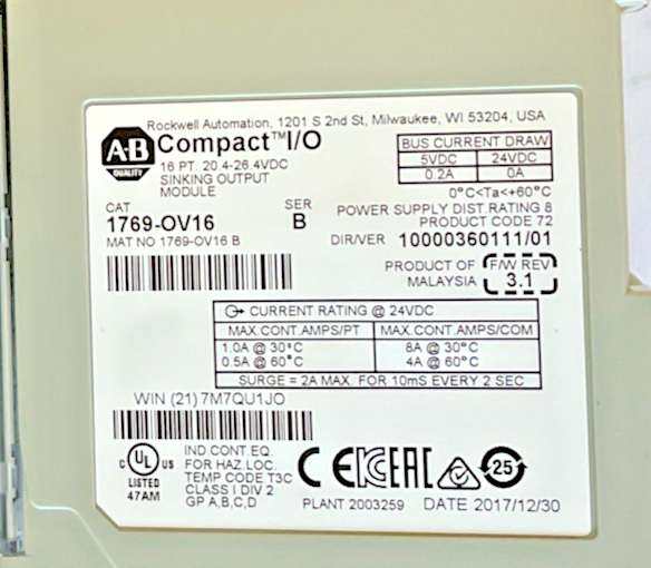 ALLEN BRADLEY 1769-OV16 OUTPUT MODULE SER.B F/W REV:3.1